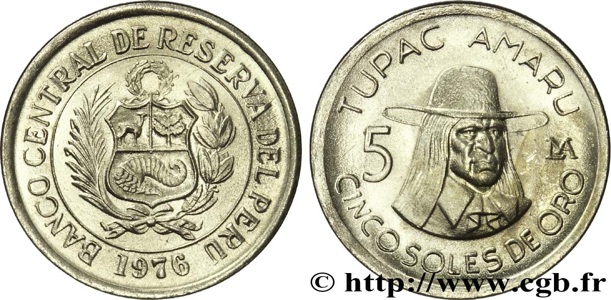 PERU 5 Soles de Oro emblème / Tupac Amaru 1976 Lima MS 