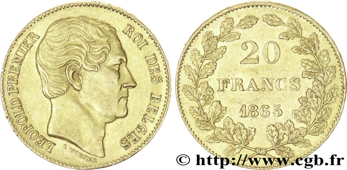 BELGIUM 20 Francs Léopold Ier 1865 Bruxelles AU 