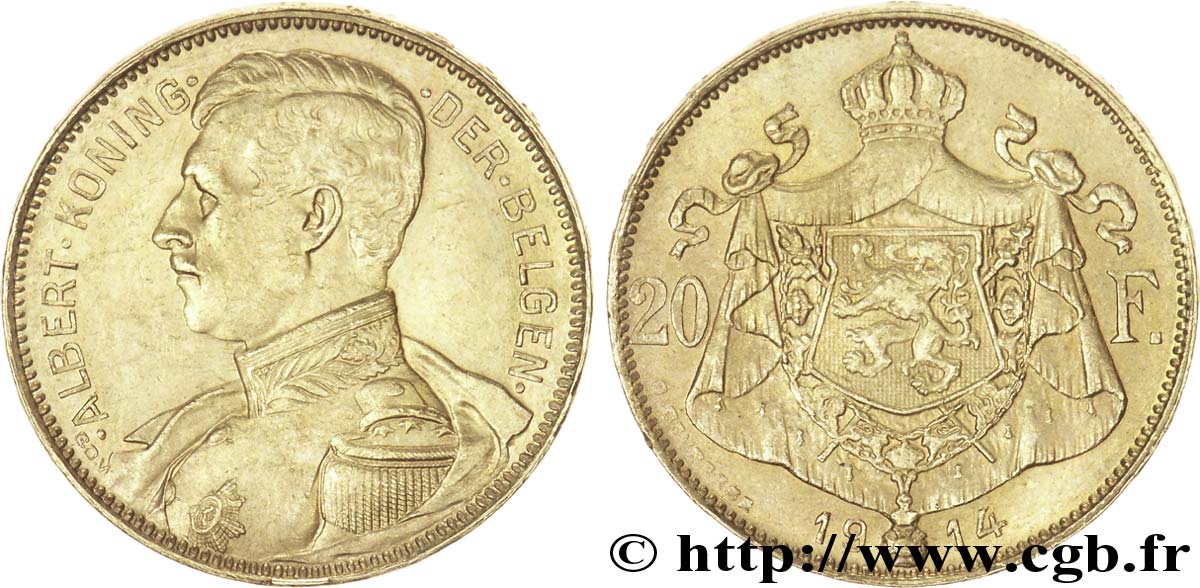 BELGIO 20 Francs or Albert Ier tête nue légende flamande, tranche position A 1914  SPL 