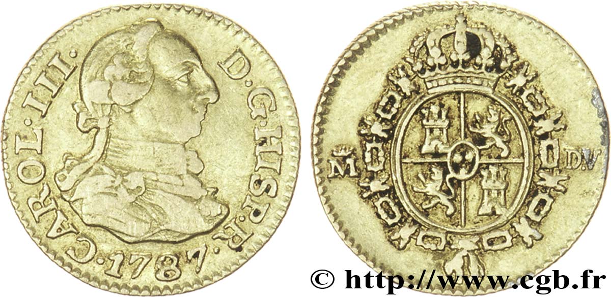 ESPAÑA 1/2 Escudo Charles III / armes D.V. 1787 Madrid BC+ 