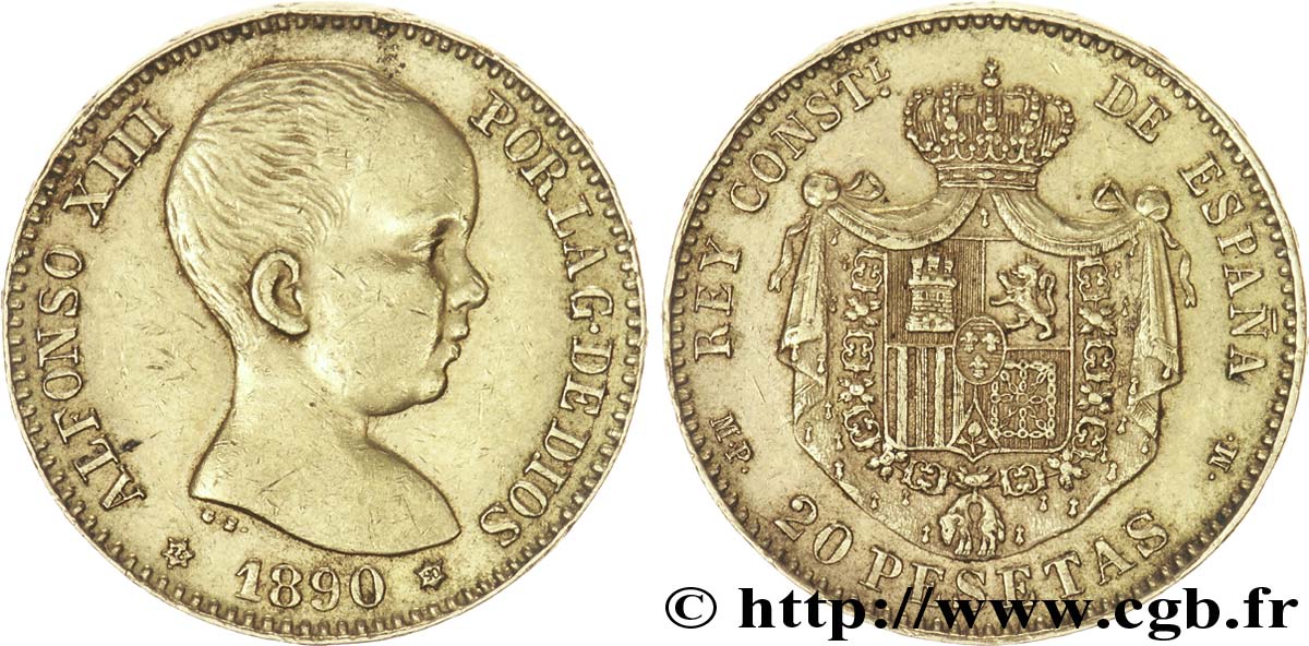 SPAIN 20 Pesetas OR Alphonse XIII buste bébé 1890 Madrid AU 