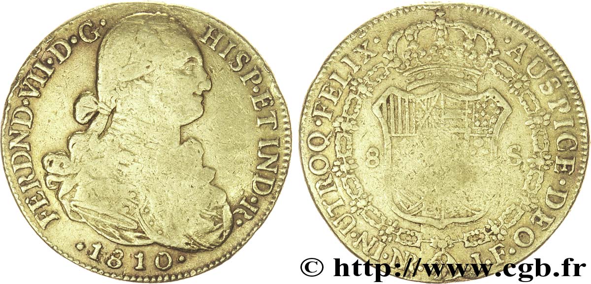 COLOMBIA 8 Escudos en or roi Ferdinand VII d’Espagne / écu écartelé  entouré du collier de l ordre de la Toison d or 1810 Nuevo Reino - NR (Bogota) VF 
