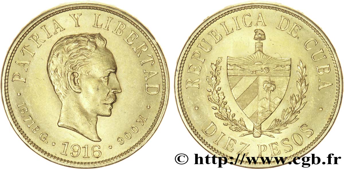 CUBA 10 Pesos OR emblème de la République / José Marti 1916 Philadelphie MBC52 