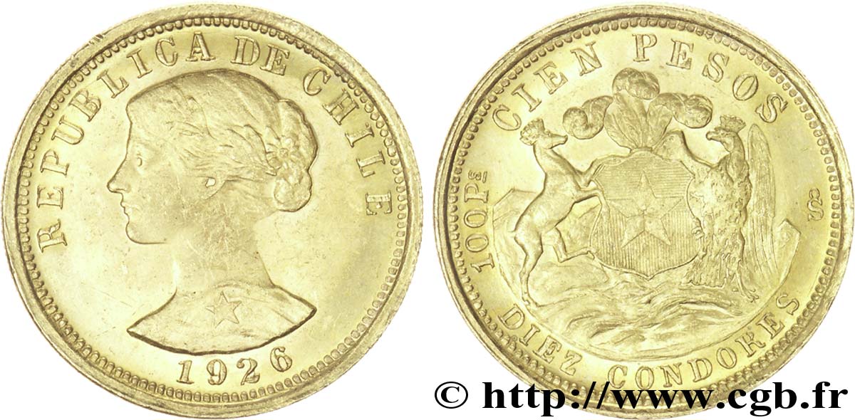CHILE 100 Pesos or Buste de la République / armes, frappe en or jaune 1926 Santiago - S° AU 