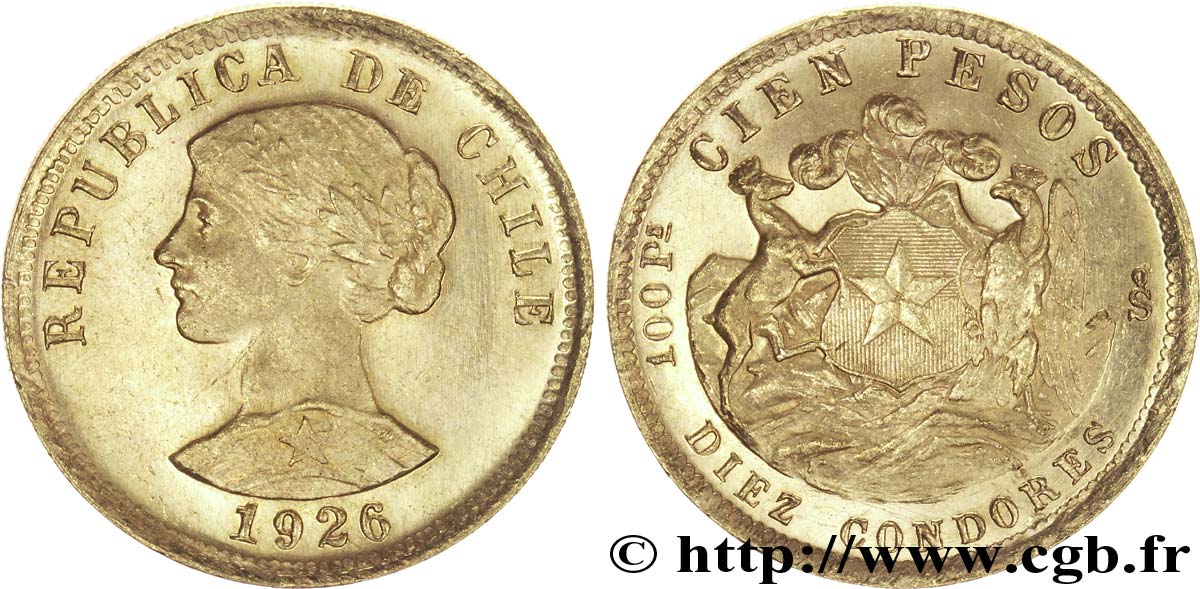 CHILE
 100 Pesos or Buste de la République / armes, frappe en or rose 1926 Santiago - S° EBC 