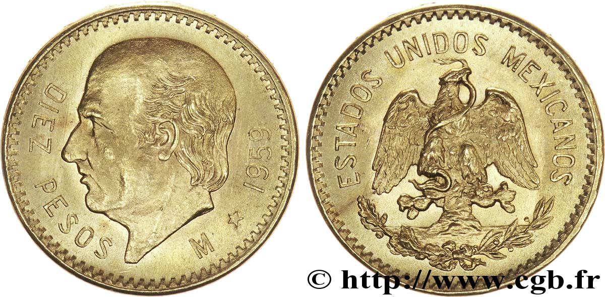 MEXIKO 10 Pesos or Aigle du Mexique / Miguel Hidalgo 1959 Mexico fST 