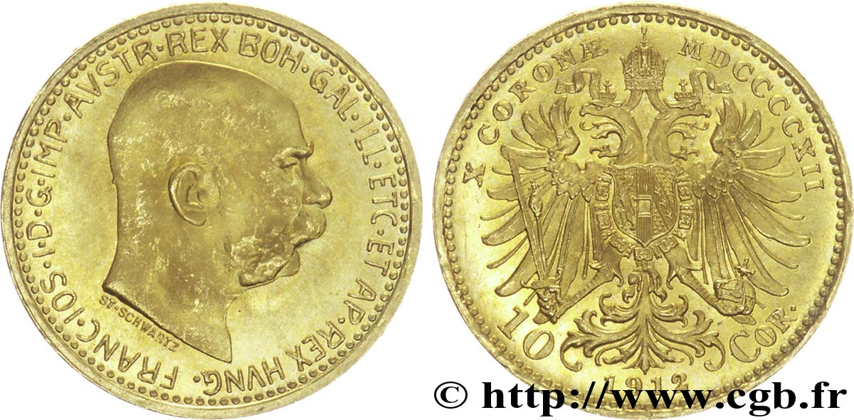 ÖSTERREICH 10 Corona or François Joseph Ier, 3e type / Aigle bicéphale couronné 1912 Vienne VZ 