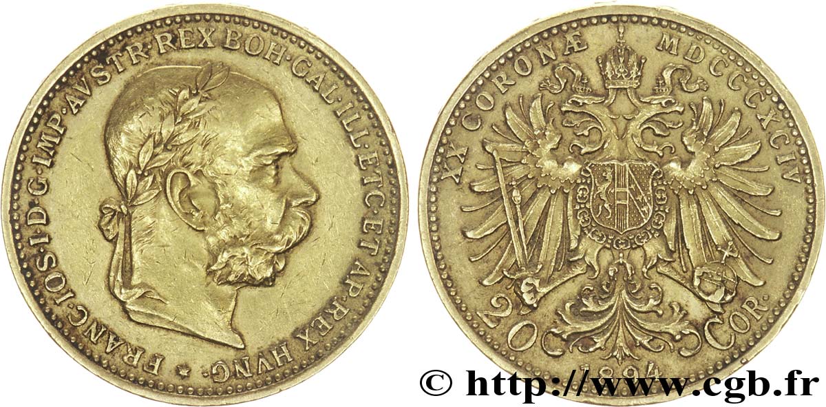 AUSTRIA 20 Corona or François Joseph Ier / Aigle bicéphale héraldique couronné 1894 Vienne q.SPL 