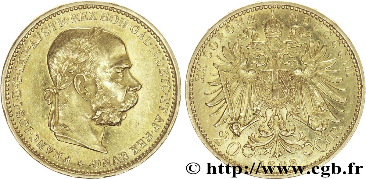 AUSTRIA 20 Corona or François Joseph Ier / Aigle bicéphale héraldique couronné 1903 Vienne AU 