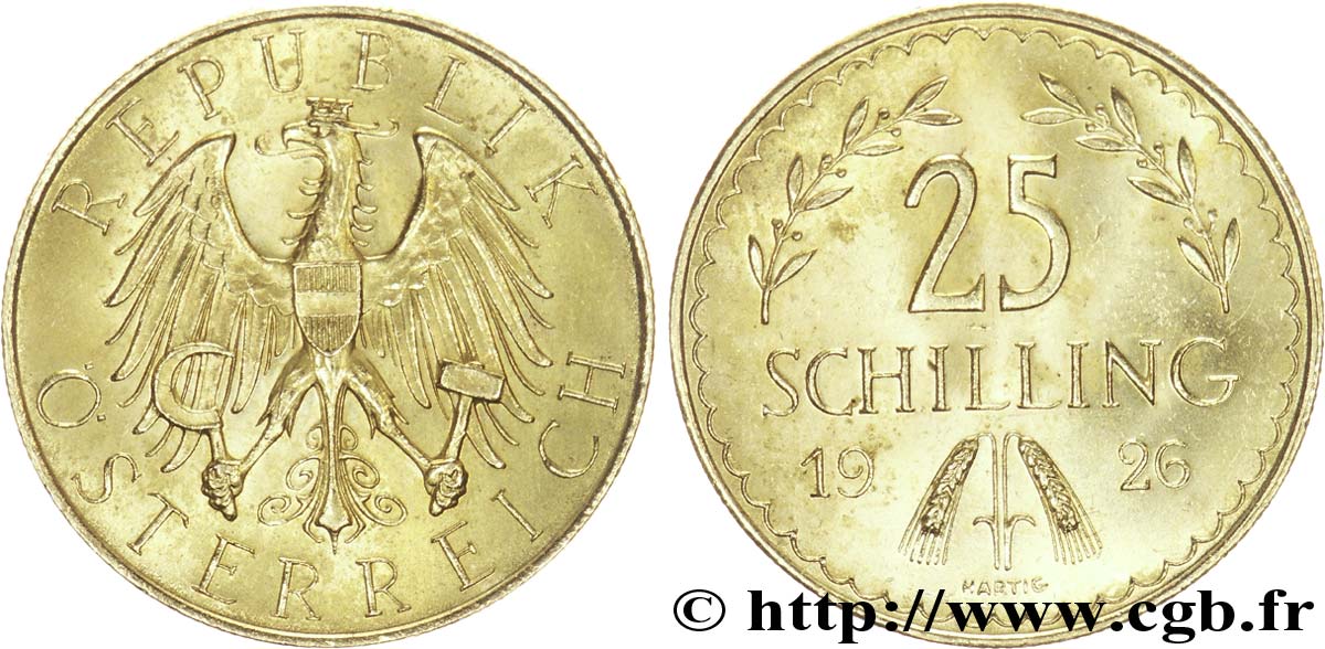 ÖSTERREICH 25 Schilling Aigle héraldique aux armes de l Autriche / deux épis et deux branches d olivier 1926 Vienne VZ 