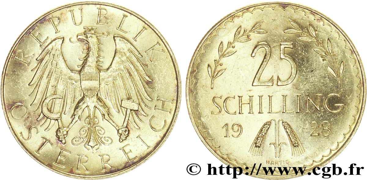 ÖSTERREICH 25 Schilling Aigle héraldique aux armes de l Autriche / deux épis et deux branches d olivier 1928 Vienne VZ 