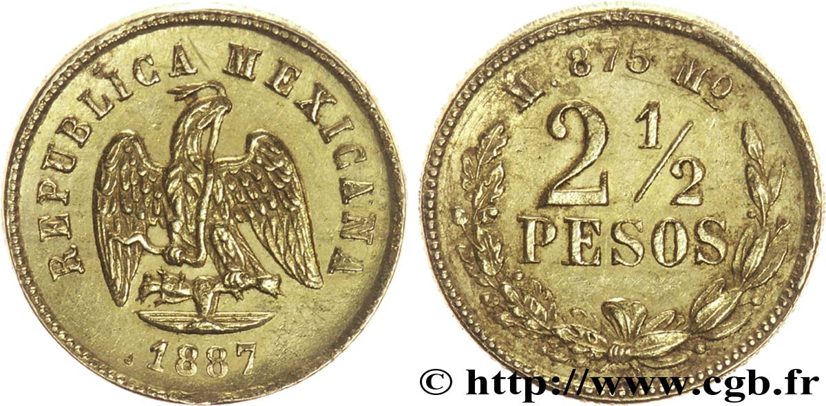 MEXIKO 2 1/2 Pesos or Aigle du Mexique  1887 Mexico fVZ 