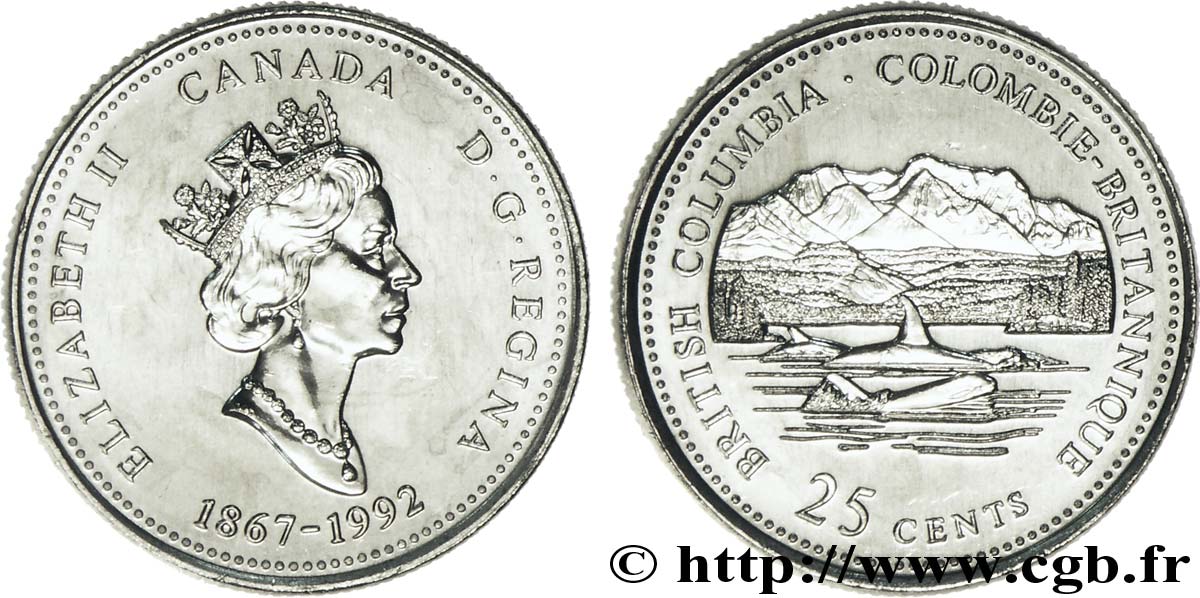CANADá
 25 Cents 125e anniversaire de la Confédération : Colombie Britannique 1992  SC 