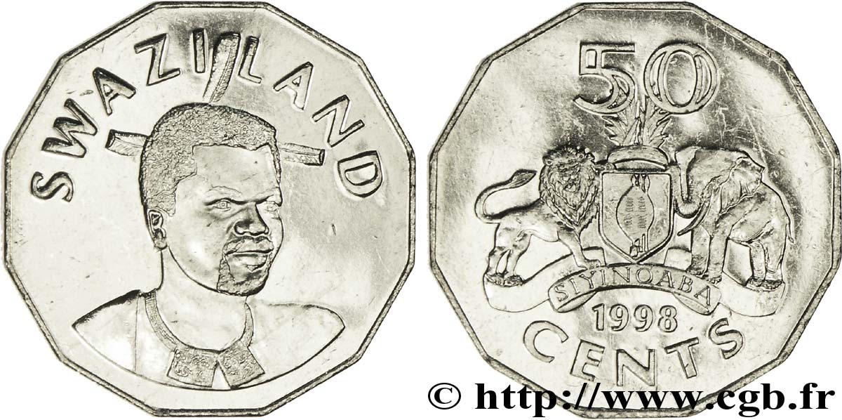 SWAZILAND 50 Cents Roi Msawati III / emblème national 1998  SPL 