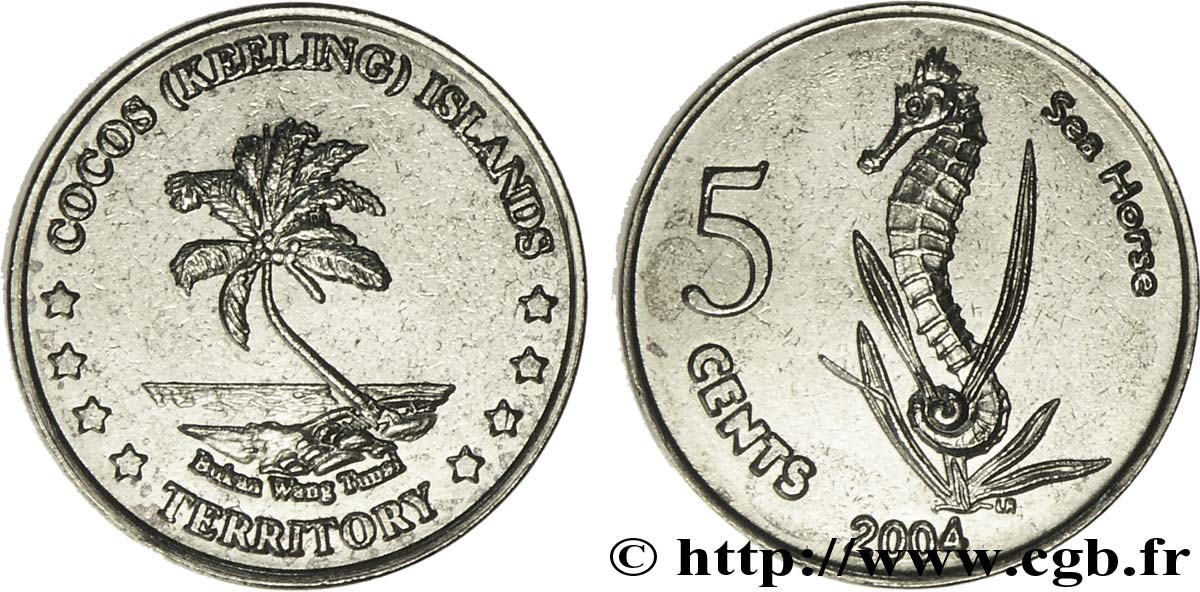 KEELING COCOS ISLANDS 5 Cents cocotier / hippocampe 2004  AU 