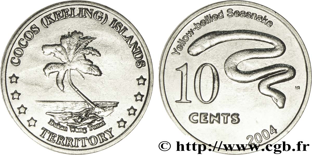 KEELING COCOS ISLANDS 10 Cents cocotier / serpent de mer à ventre jaune (Pelamis platura) 2004  AU 