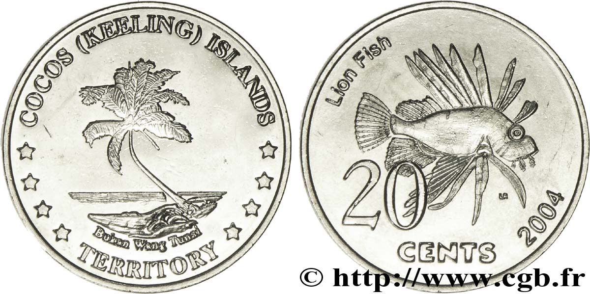 COCOS KEELING ISLANDS 20 Cents cocotier / poisson lion 2004  AU 