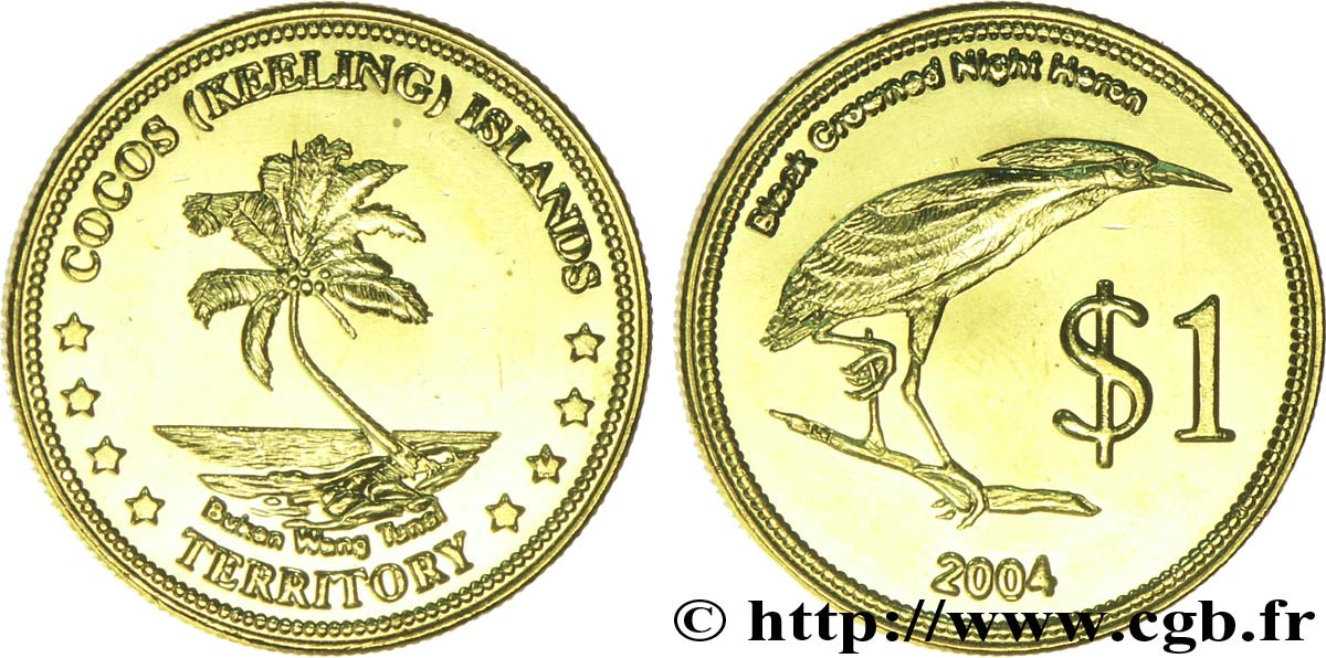 ISLAS COCOS (KEELING) 1 Dollar cocotier / Grand héron noir couronné 2004  EBC 