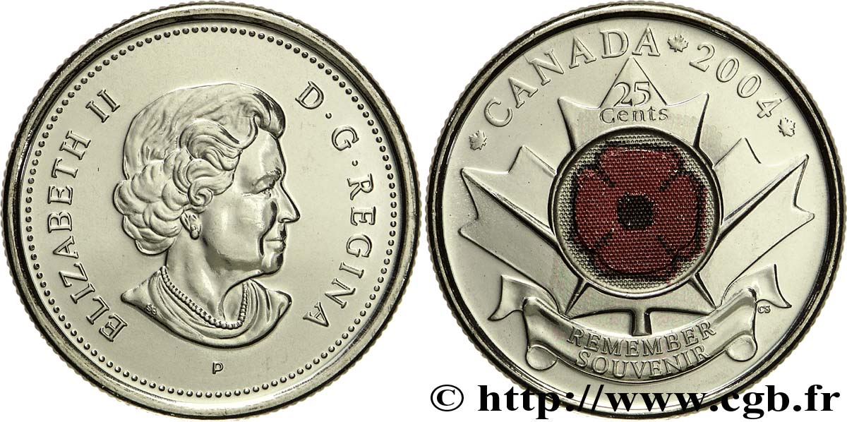 CANADá
 25 Cents Jour du Souvenir (Poppy quarter) :  Elisabeth II / coquelicot 2004 Royal Canadian Mint SC 