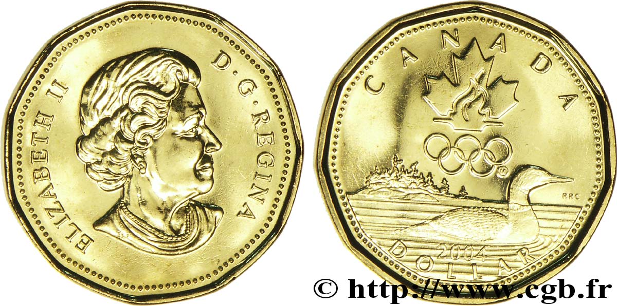 KANADA 1 Dollar Lucky Loonie : Elisabeth II / Canard, flamme et anneaux olympiques 2004  fST 