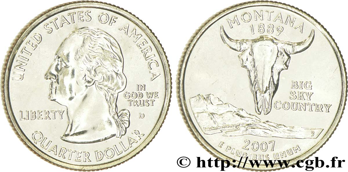 ESTADOS UNIDOS DE AMÉRICA 1/4 Dollar Montana : crâne de bison, montagne 2007 Denver SC 