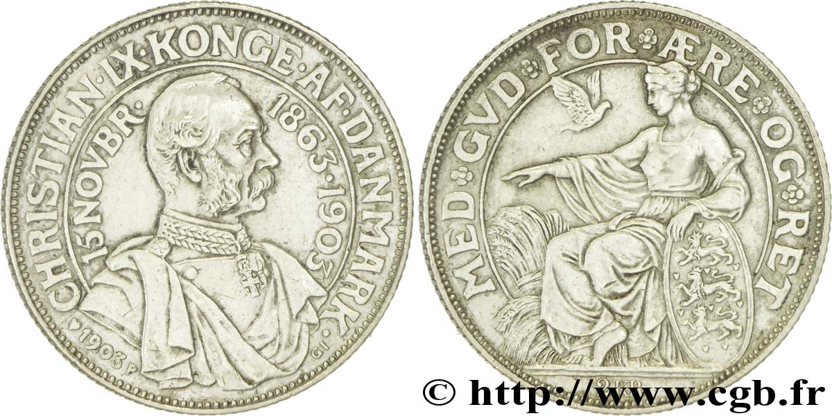 DINAMARCA 2 Kroner 40e anniversaire de règne du roi Christian IX  1903 Copenhague EBC 