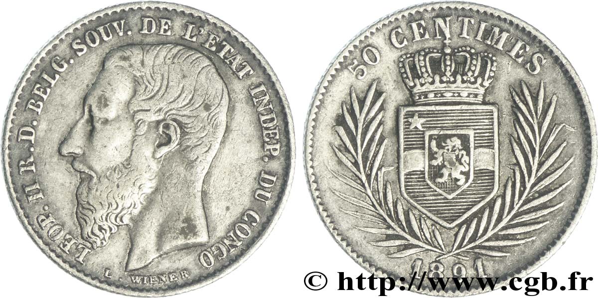 CONGO FREE STATE 50 Centimes Léopold II 1891  XF 