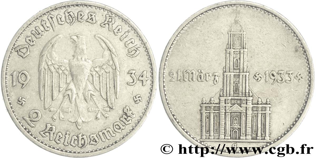 GERMANY 2 Reichsmark aigle / commémoration du serment du 21 mars 1933 en l’église de la garnison de Potsdam 1934 Karlsruhe - G XF 