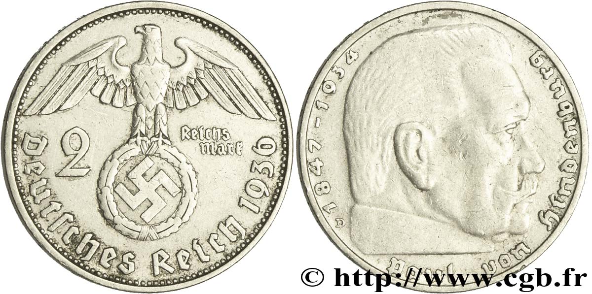 DEUTSCHLAND 2 Reichsmark aigle surmontant une swastika / Maréchal Paul von Hindenburg 1936 Munich - D SS 