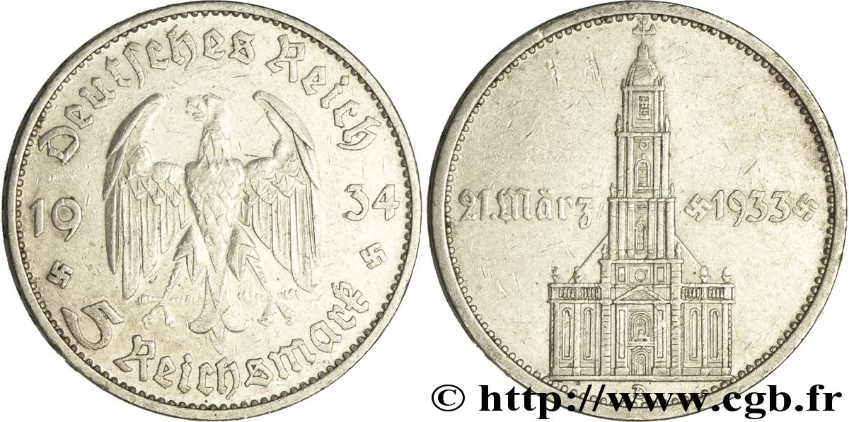 GERMANY 5 Reichsmark Commémoration du serment du 21 mars 1933 en l’église de la garnison de Potsdam 1934 Munich - D XF 
