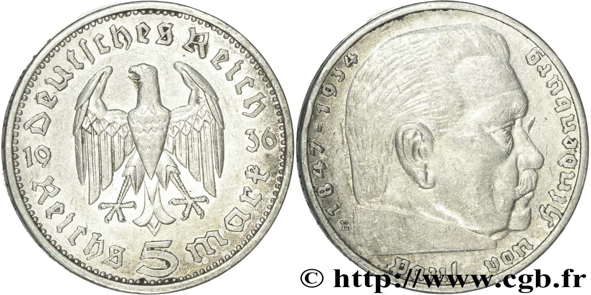 GERMANIA 5 Reichsmark Maréchal Paul von Hindenburg 1936 Muldenhütten - E BB 