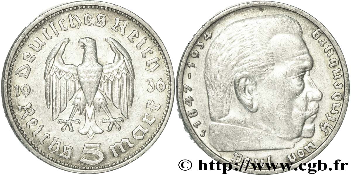 GERMANY 5 Reichsmark Maréchal Paul von Hindenburg 1936 Hambourg - J XF 