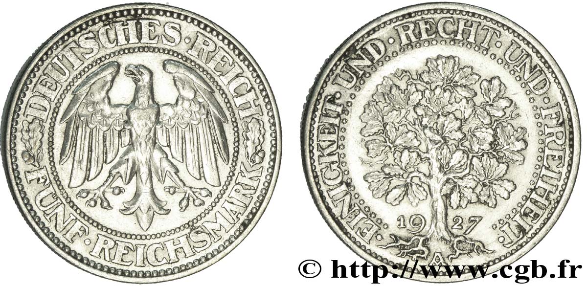 GERMANIA 5 Reichsmark aigle / chêne 1927 Berlin q.SPL 