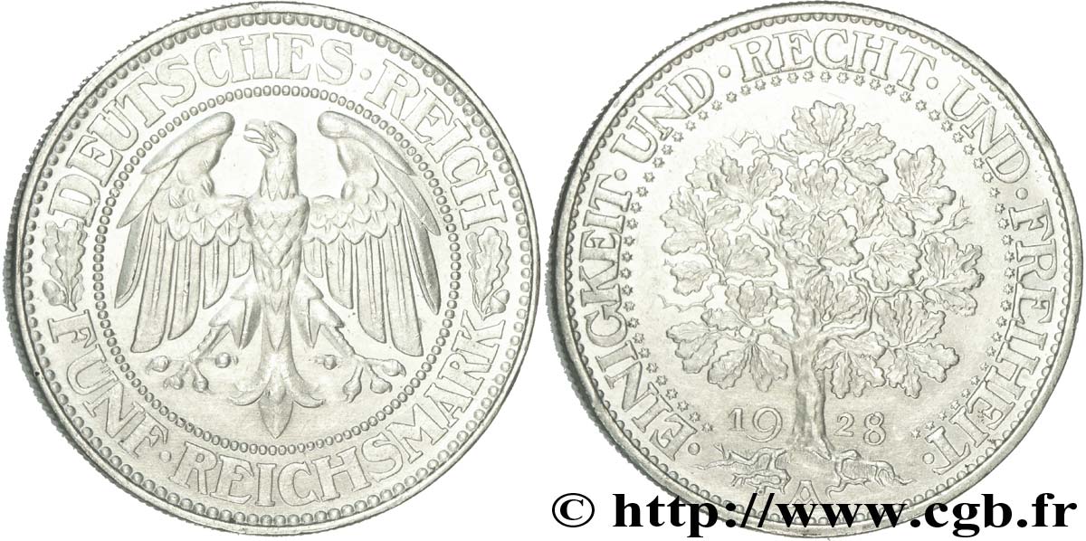 GERMANIA 5 Reichsmark aigle / chêne 1928 Berlin SPL 