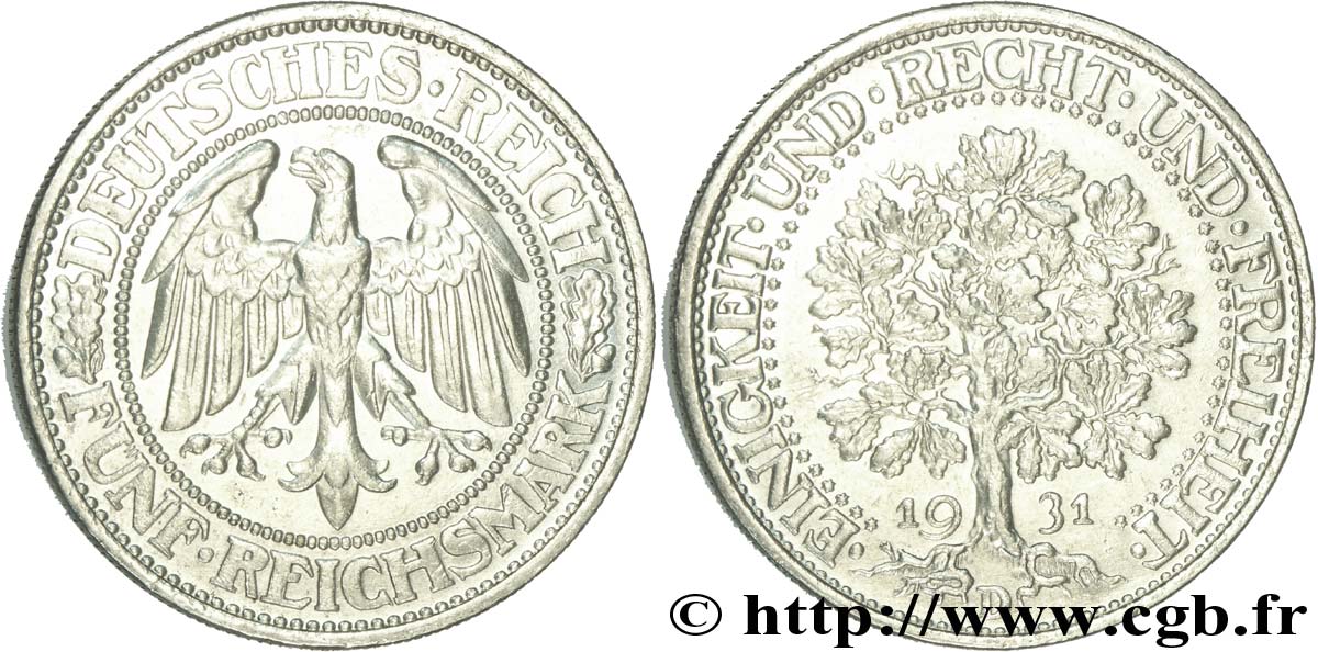 DEUTSCHLAND 5 Reichsmark aigle / chêne 1931 Munich - D VZ 