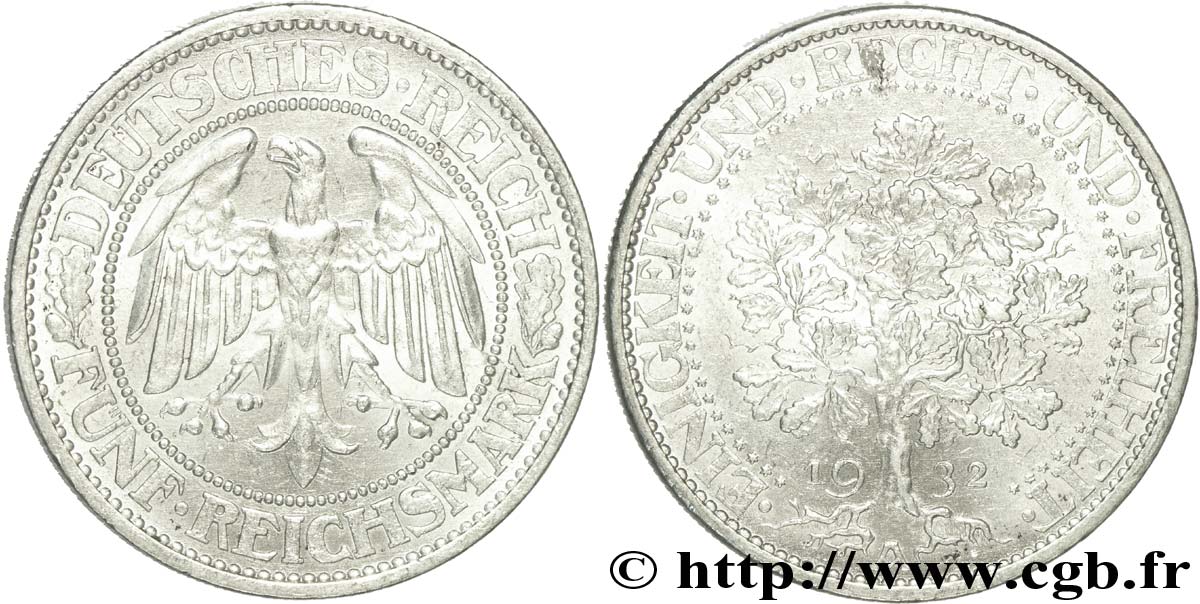 GERMANY 5 Reichsmark aigle / chêne 1932 Berlin AU 