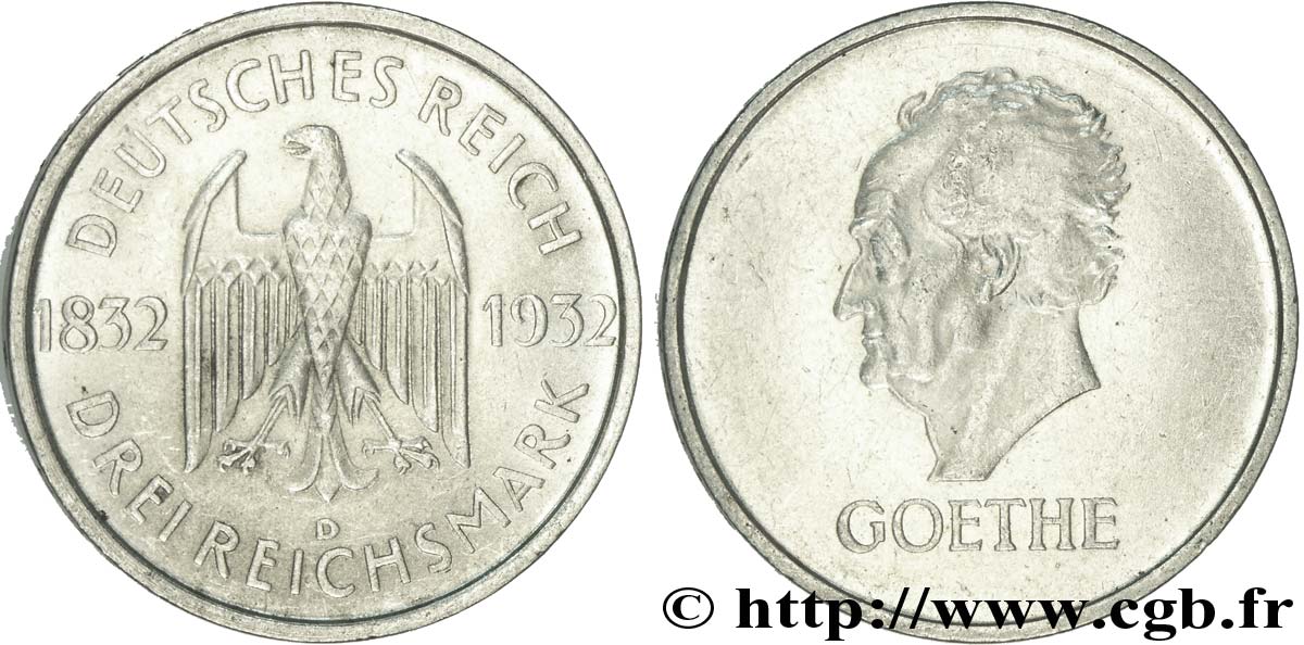 DEUTSCHLAND 3 Reichsmark aigle héraldique / Goethe 1932 Munich - D VZ 