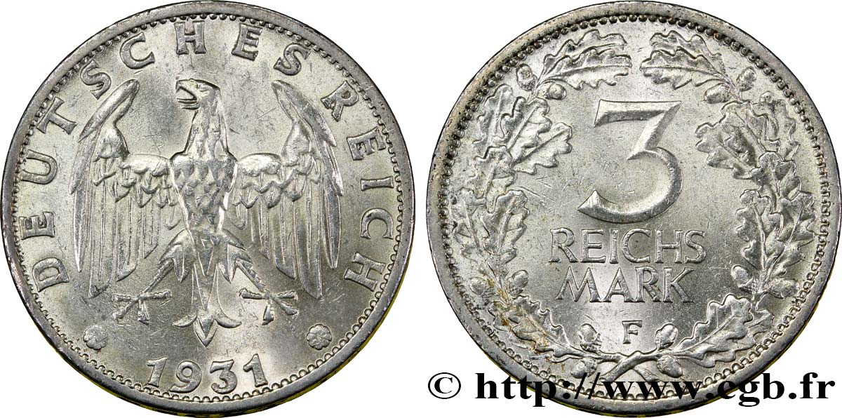DEUTSCHLAND 3 Reichsmark aigle héraldique 1931 Stuttgart VZ 