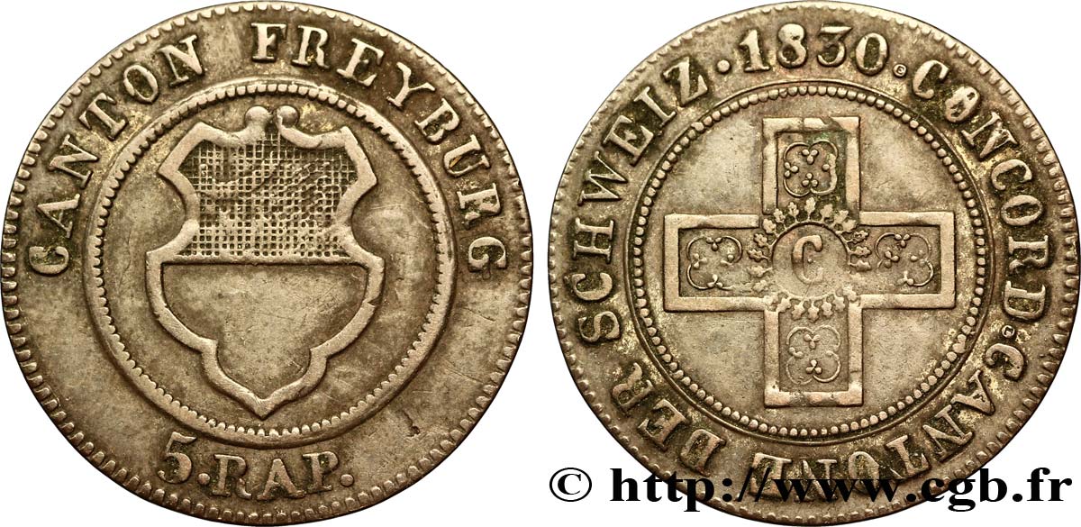 SWITZERLAND - CANTON OF FRIBOURG 5 Rappen - Canton de Fribourg 1830  XF 