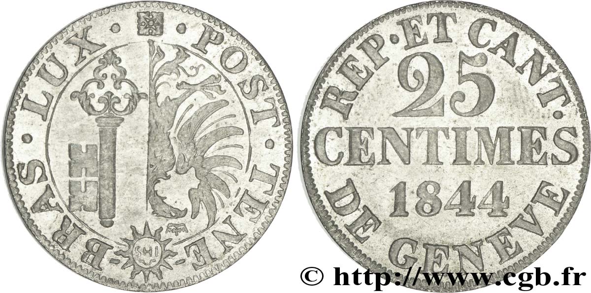 SVIZZERA - REPUBBLICA DE GINEVRA 25 Centimes - Canton de Genève 1844  SPL 