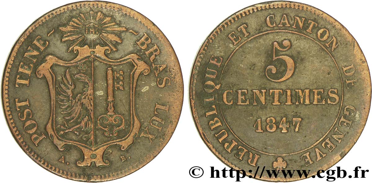 SUISA - REPUBLICA DE GINEBRA 5 Centimes - Canton de Genève 1847  BC+ 