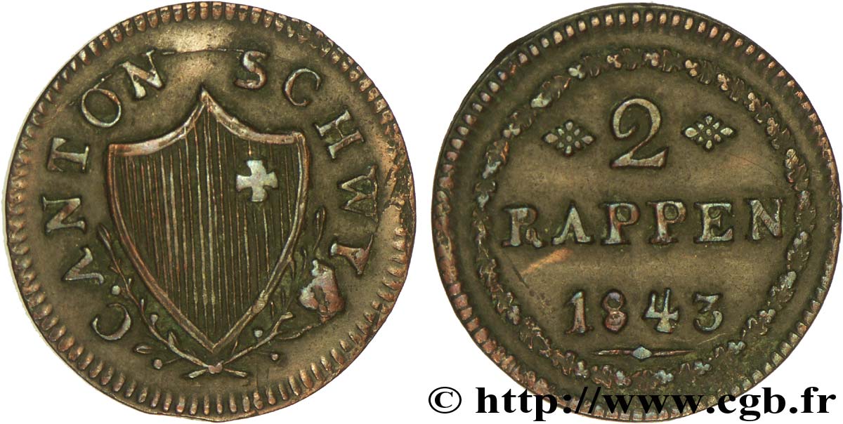SWITZERLAND - cantons coinage 2 Rappen - Canton de Schwyz 1843  XF 