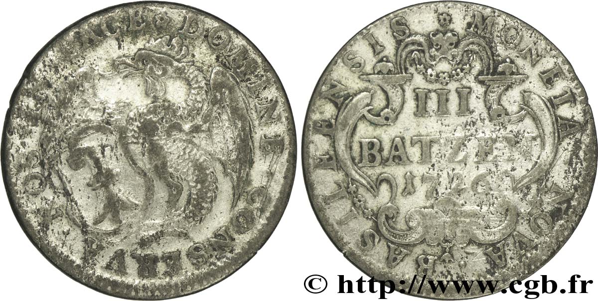 SWITZERLAND - cantons coinage 3 Batzen canton de Bâle 1726  F 
