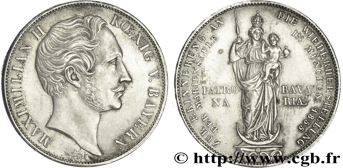 ALLEMAGNE - BAVIÈRE 2 Gulden Royaume de Bavière - Roi Maximilien II de Bavière / Madone à l’enfant 1855  SUP 