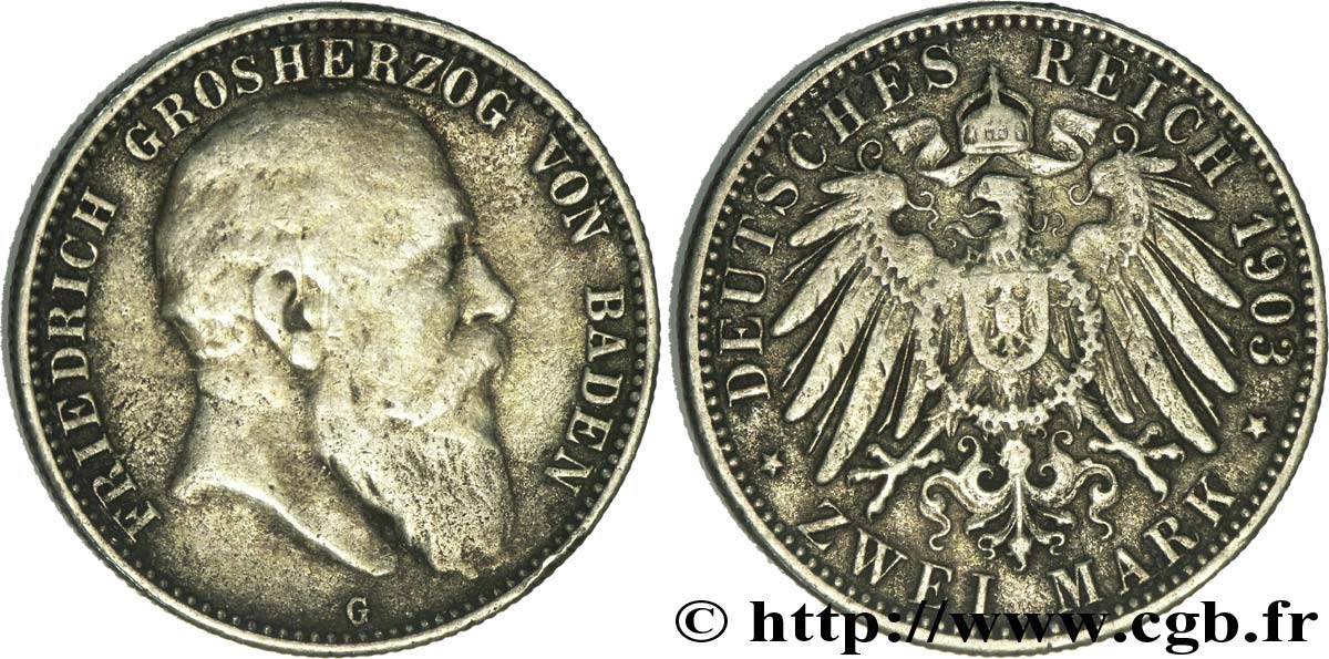 GERMANY - BADEN 2 Mark Grand-Duché de Bade Frédéric / aigle impérial 1903 Karlsruhe - G VF 