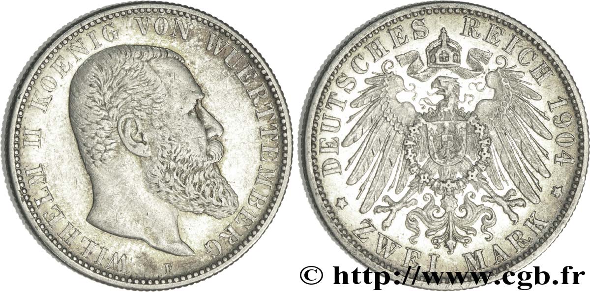 GERMANIA - WÜRTEMBERG 2 Mark Guillaume II roi du Wurttemberg 1904 Stuttgart - F BB 