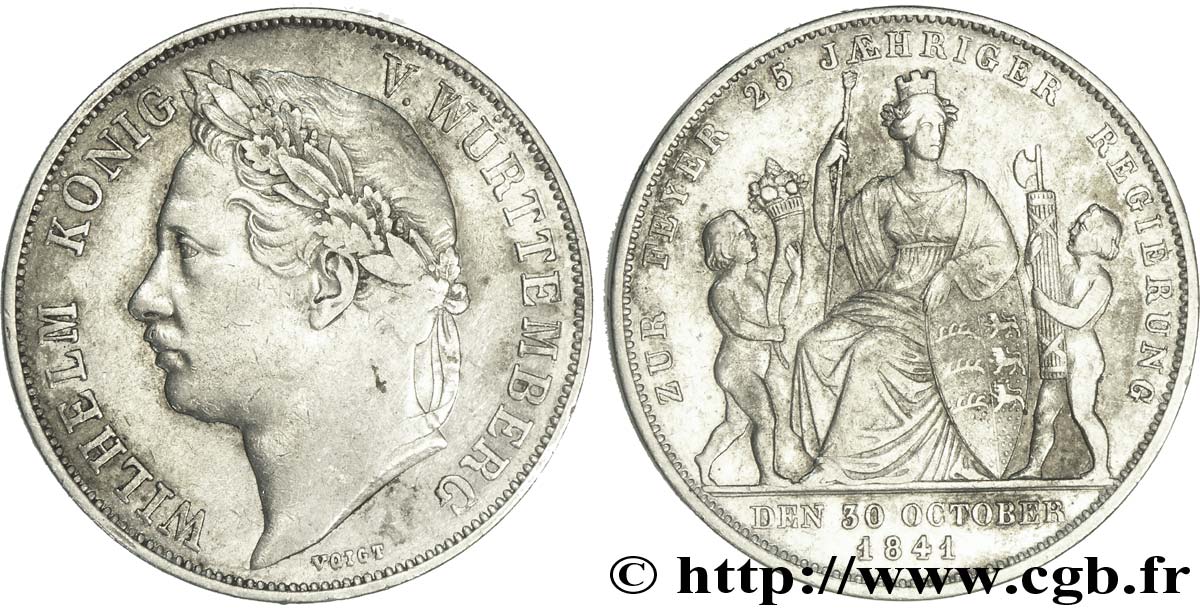 GERMANY - WÜRTTEMBERG 1 Gulden 25e anniversaire du règne de Guillaume 1841 Stuttgart XF 