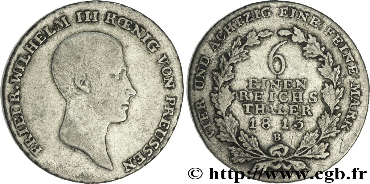 GERMANIA - PRUSSIA 1/6 Thaler Royaume de Prusse, Frédéric-Guillaume III roi de Prusse 1813 Glatz - B q.BB 
