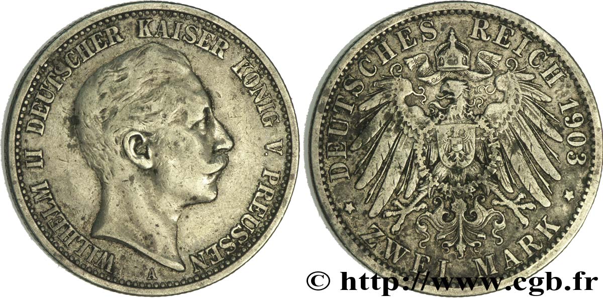 GERMANIA - PRUSSIA 2 Mark Royaume de Prusse, Guillaume II / aigle 1903 Berlin q.BB 