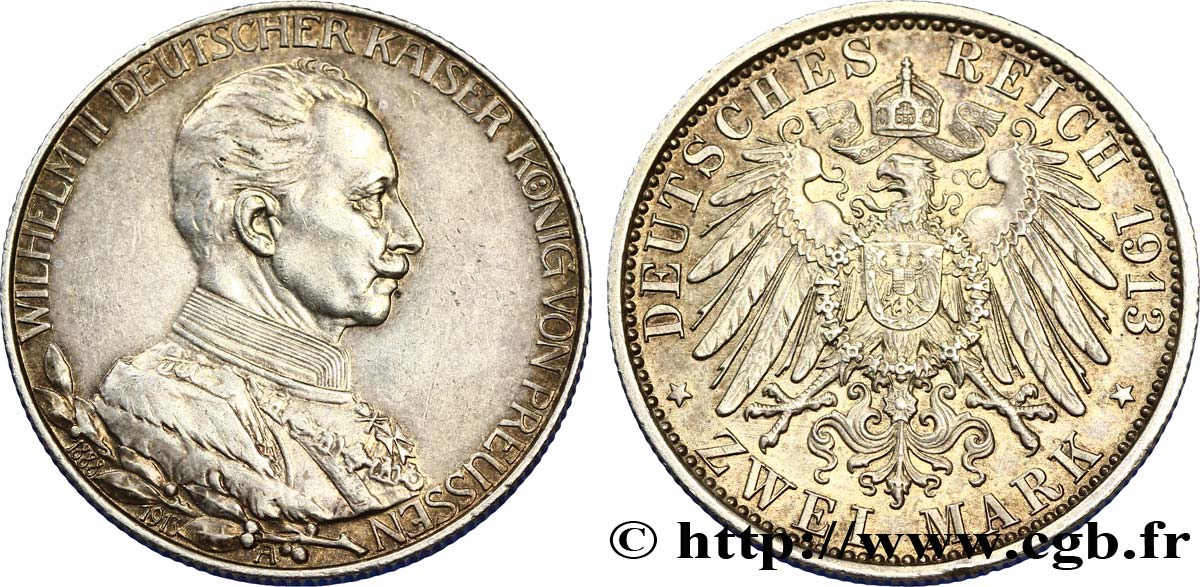 ALEMANIA - PRUSIA 2 Mark jubilé, Royaume de Prusse, Guillaume II en uniforme / aigle 1913 Berlin EBC 